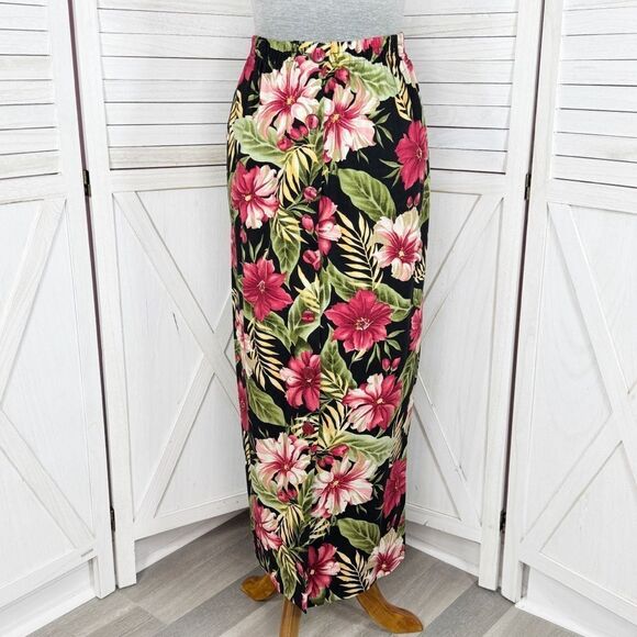 Haggar Vintage Linen Tropical Flower Print Button Front Maxi Skirt Black Pink 8 - Picture 1 of 11